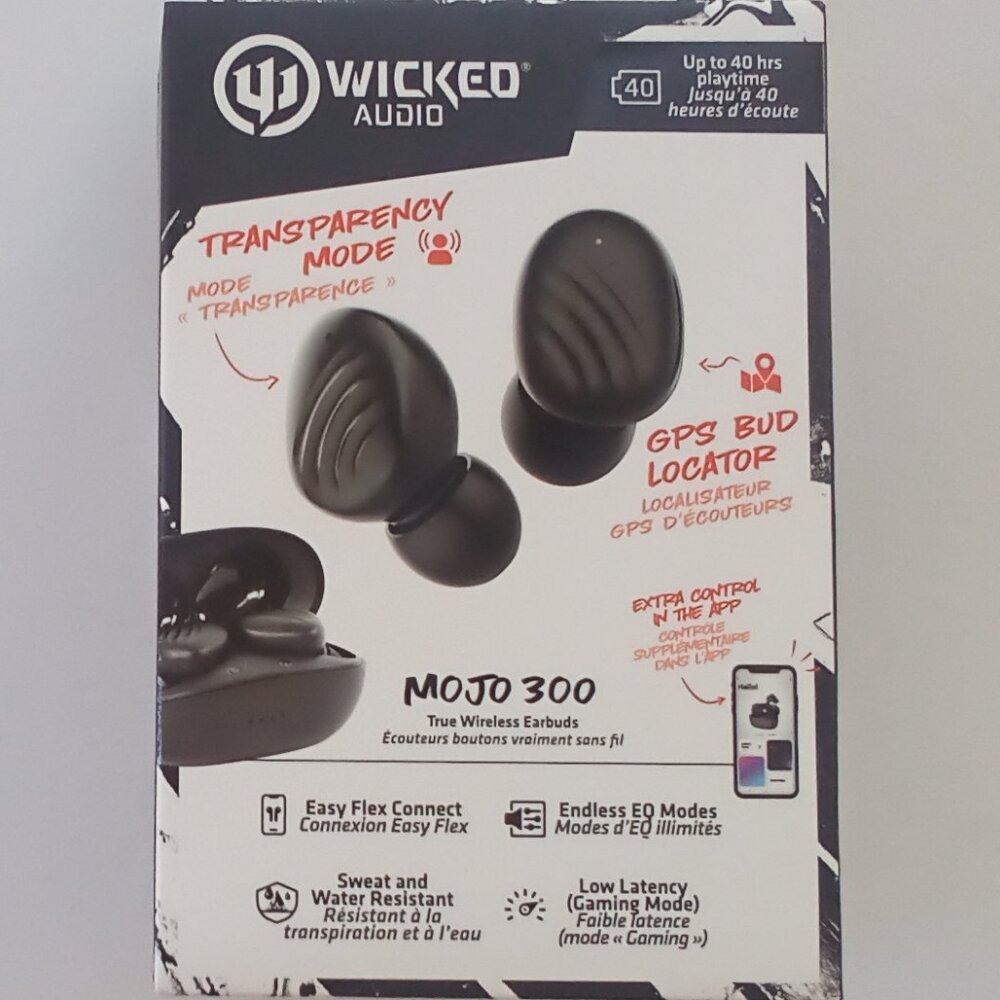 WICKED AUDIO TRUE WIRELESS EARBUDS MOJO 300, 40 HOURS Model # WI-TW4550 BLACK